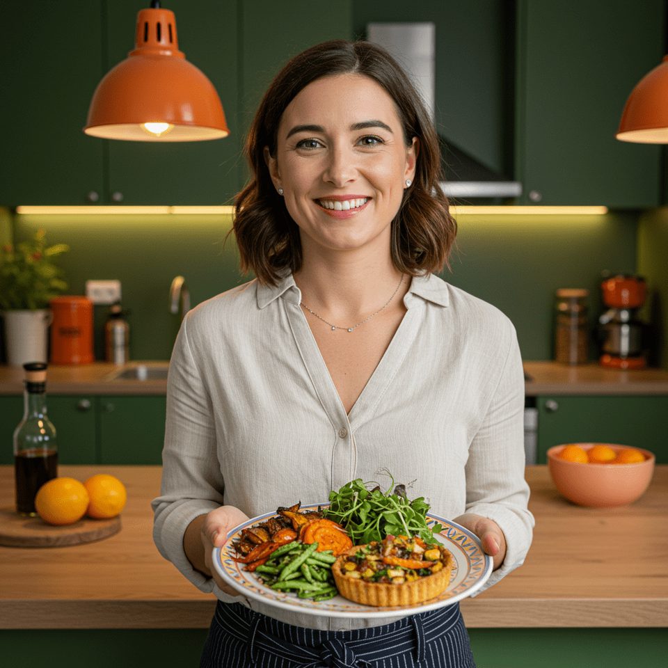 Persona con un plato de comida saludable baja en carbohidratos en la cocina